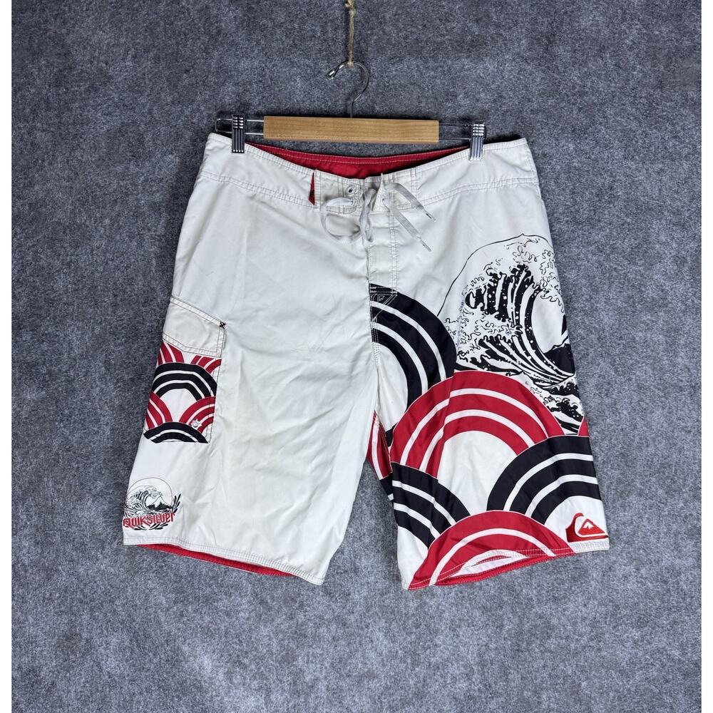 Vintage Quiksilver Board Shorts Mens Large White Wave Graphic Swim Trunks Surf